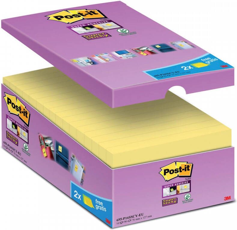Post-It Super Sticky notes 90 vel ft 76 x 127 mm geel pak van 14 blokken + 2 gratis
