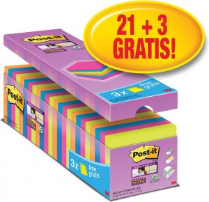 Post-It Super Sticky notes 90 vel ft 76 x 76 mm geassorteerde kleuren pak van 21 blokken + 3 gratis