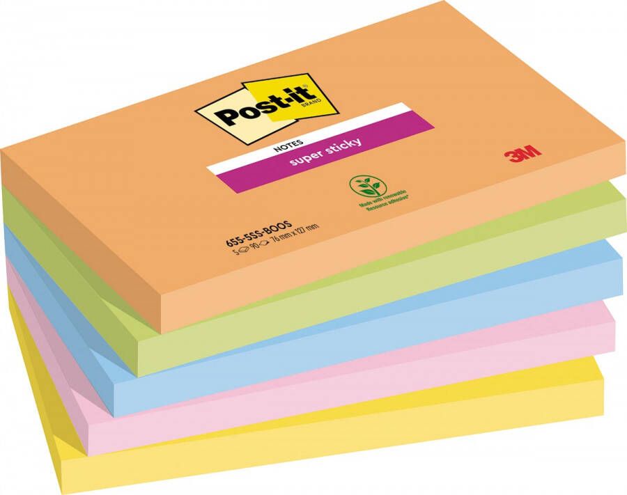 Post it Super Sticky notes Boost 90 vel ft 76 x 127 mm geassorteerde kleuren pak van 5 blokken