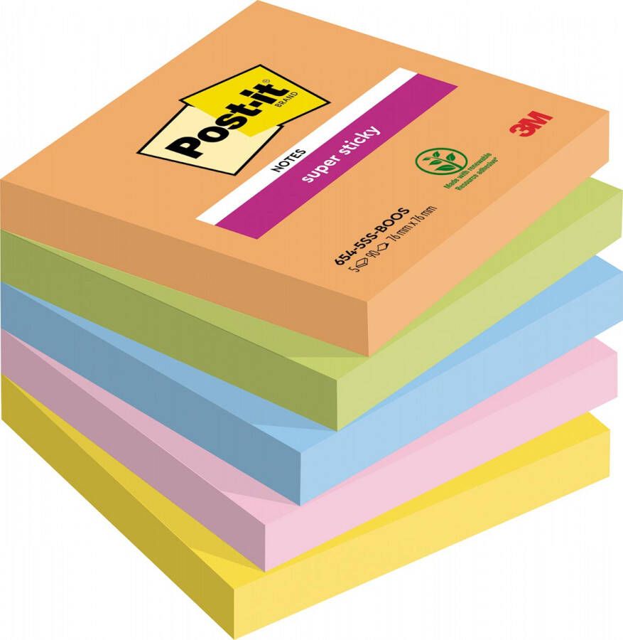 Post it Super Sticky notes Boost 90 vel ft 76 x 76 mm geassorteerde kleuren pak van 5 blokken