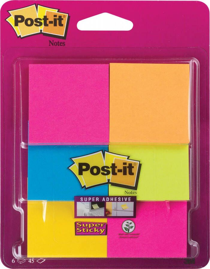 Post-It Super Sticky Notes ft 47 6 x 47 6 mm blister met 6 blokjes van 45 vel geassorteerde kleuren