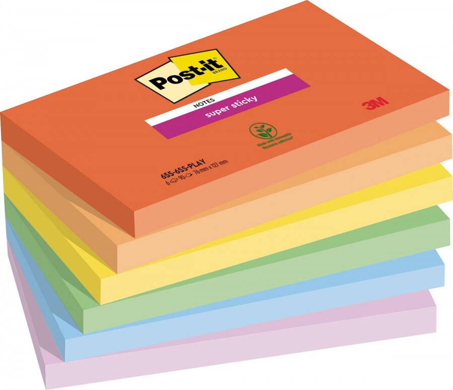 Post it Super Sticky notes Playful 90 vel ft 76 x 127 mm geassorteerde kleuren pak van 6 blokken