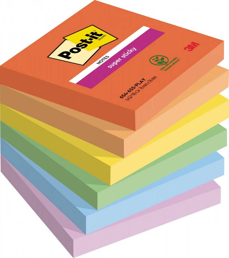 Post it Super Sticky Notes Playful 90 vel ft 76 x 76 mm geassorteerde kleuren pak van 6 blokken