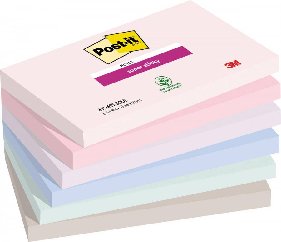 Post it Super Sticky notes Soulful 90 vel ft 76 x 127 mm geassorteerde kleuren pak van 6 blokken