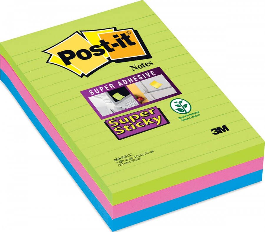 Post-It Super Sticky notes XXL 90 vel ft 102 x 152 mm geassorteerde kleuren pak van 3 blokken