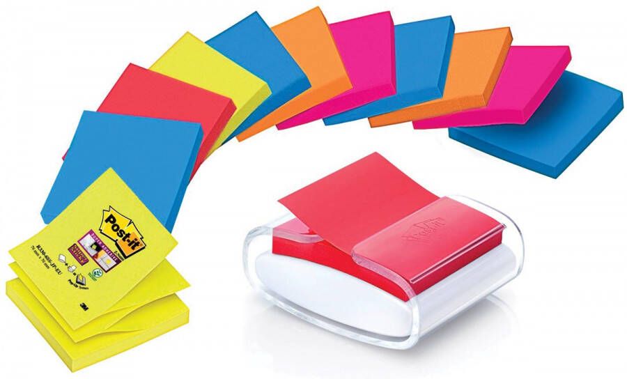 Post-It Super Sticky Z-notes dispenser Pro Color wit voor ft 76 x 76 mm inclusief 12 blokken van 90 vel