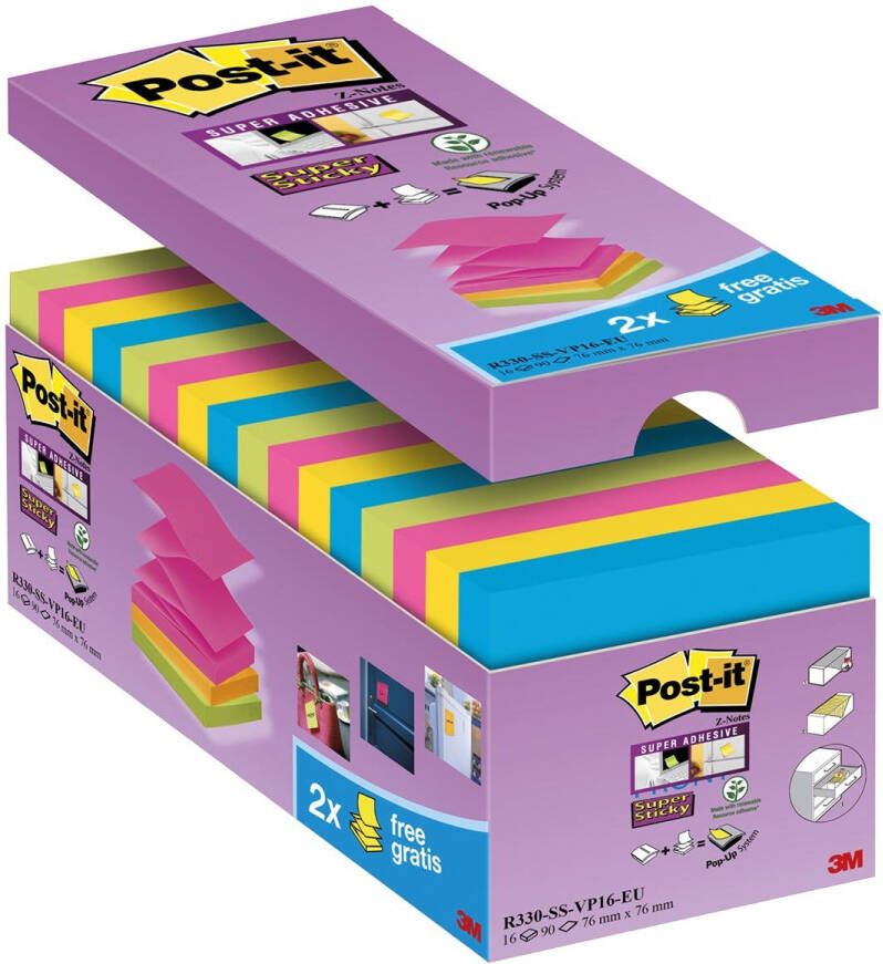 Post-It Super Sticky Z-notes 90 vel ft 76 x 76 mm doos van 14 + 2 gratis geassorteerde kleuren