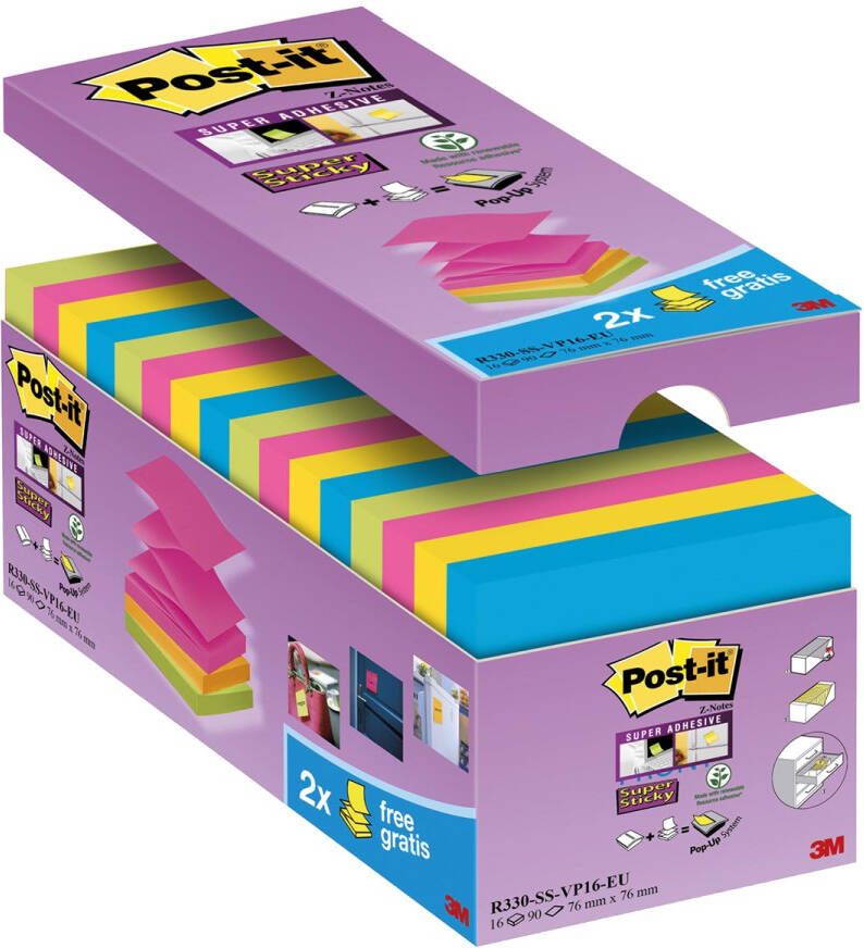 Post-It Super Sticky Z-notes 90 vel ft 76 x 76 mm doos van 14 + 2 gratis geassorteerde kleuren