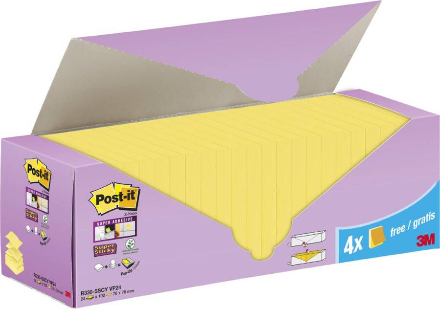 Post-It Super Sticky Z-notes 90 vel ft 76 x 76 mm doos van 20 + 4 gratis geel