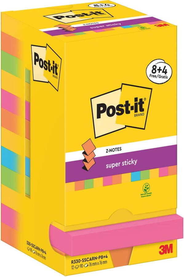Post-It Super Sticky Z-Notes Carnival 90 vel ft 76 x 76 mm 8 + 4 GRATIS