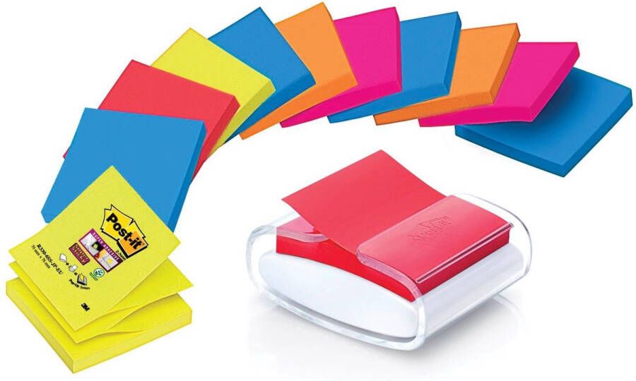 Post-It Super Sticky Z-notes dispenser Pro Color wit voor ft 76 x 76 mm inclusief 12 blokken van 90 vel
