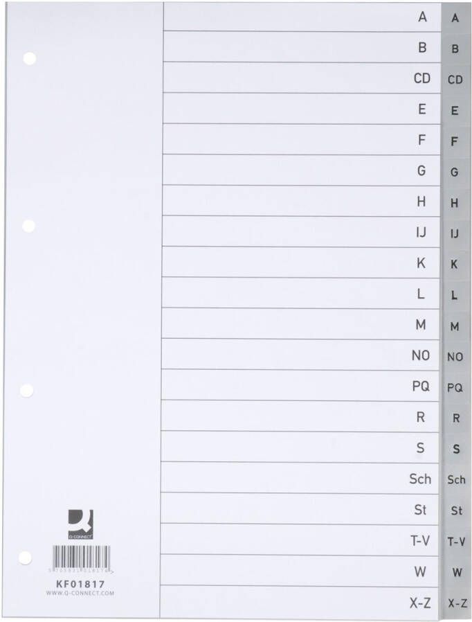 Q-CONNECT alfabetische tabbladen A4 PP met indexblad 20 tabs grijs
