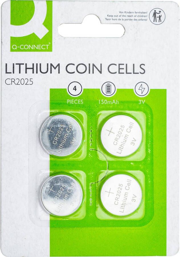 Q-CONNECT knoopcel lithium CR2025 blister van 4 stuks