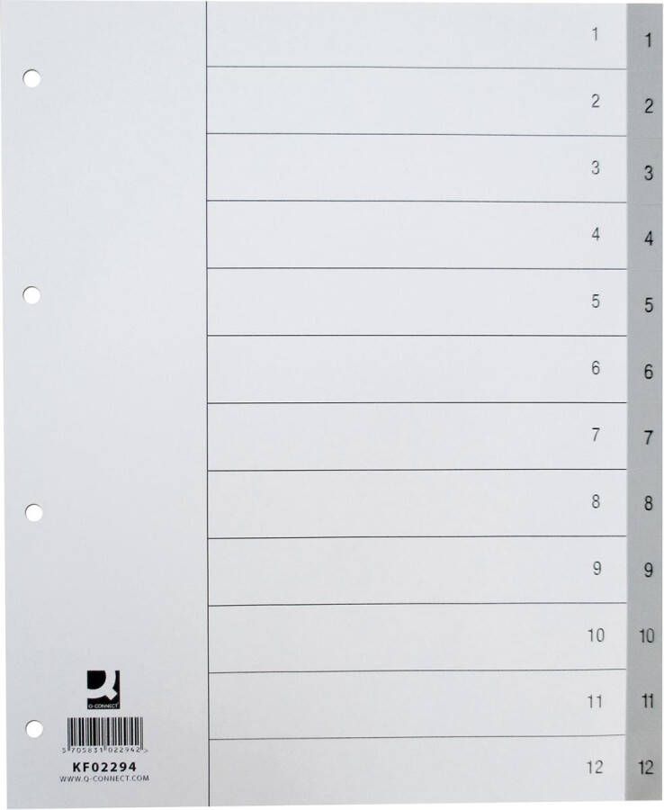 Q-CONNECT numerieke tabbladen A4 PP 1-12 met indexblad grijs