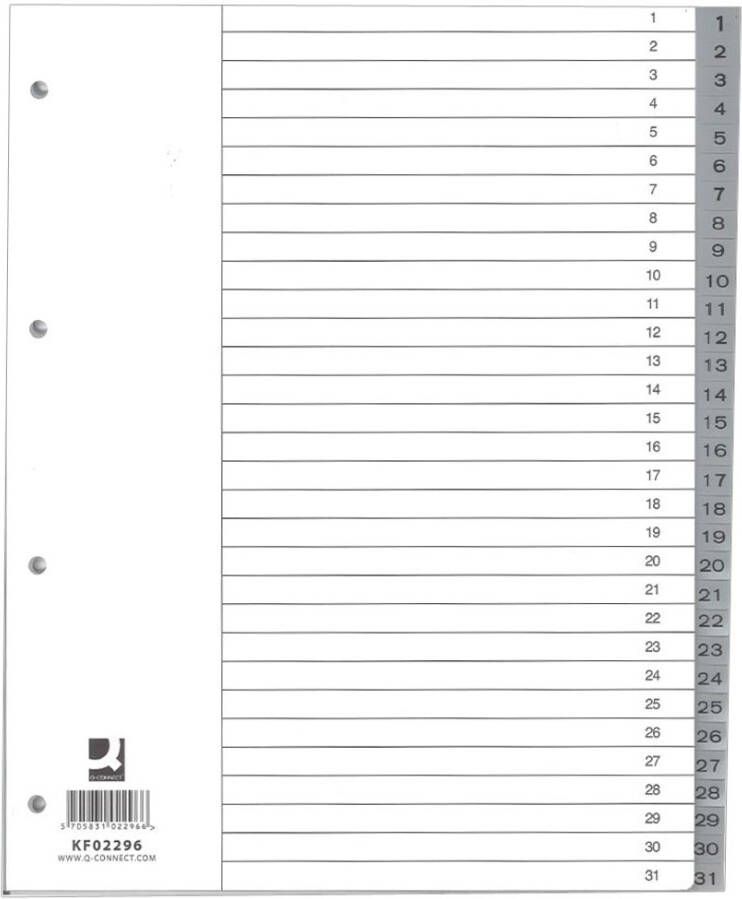 Q-CONNECT numerieke tabbladen A4 PP 1-31 met indexblad grijs