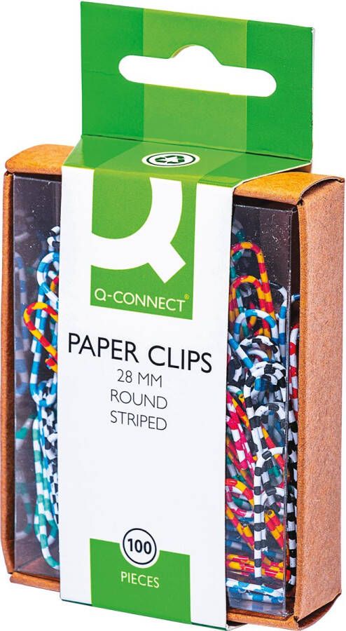 Q-CONNECT papierklemmen 28 mm doos van 100 stuks gestreept in wit en geassorteerde kleuren