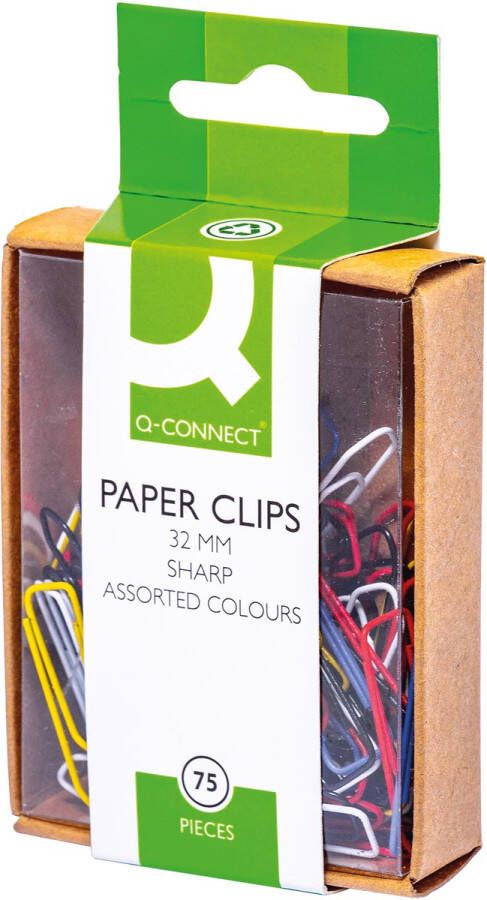 Q-CONNECT papierklemmen 32 mm doos van 75 stuks ophangbaar geassorteerde kleuren.