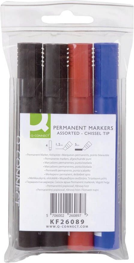 Q-CONNECT permanente marker 2-5 mm schuine punt geassorteerde kleuren etui van 4 stuks