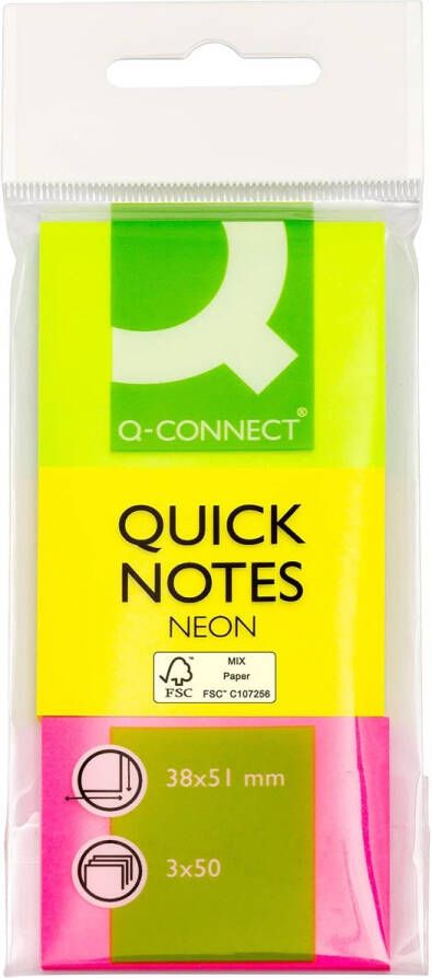 Q-CONNECT Quick Notes ft 38 x 51 mm 50 vel etui van 3 blokken in neonkleuren
