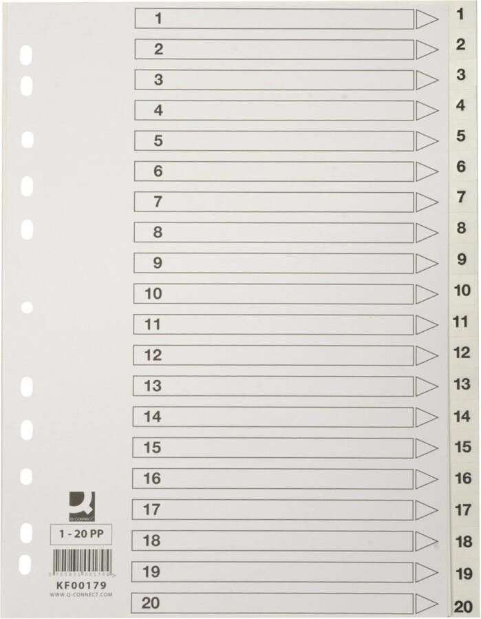 Q-CONNECT tabbladen A4 PP 11-gaatsperforatie met indexblad set van 1-20 wit