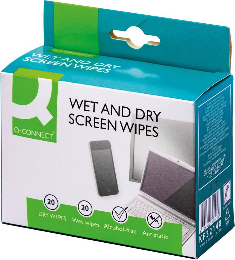 Q-CONNECT Wet & Dry beeldschermreinigingsdoekjes doos van 20 paar (1 Wet en 1 Dry)
