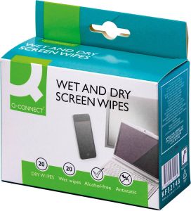 Q-Connect Q Connect Wet &amp Dry beeldschermreinigingsdoekjes doos van 20 paar(1 Wet en 1 Dry )