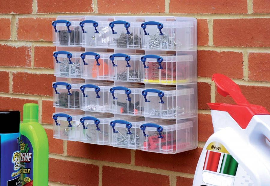 Really Useful Boxes van stevig kunststof | VindiQ Really Useful Box muurkubus met 16 opbergdozen van 0 3 liter transparant