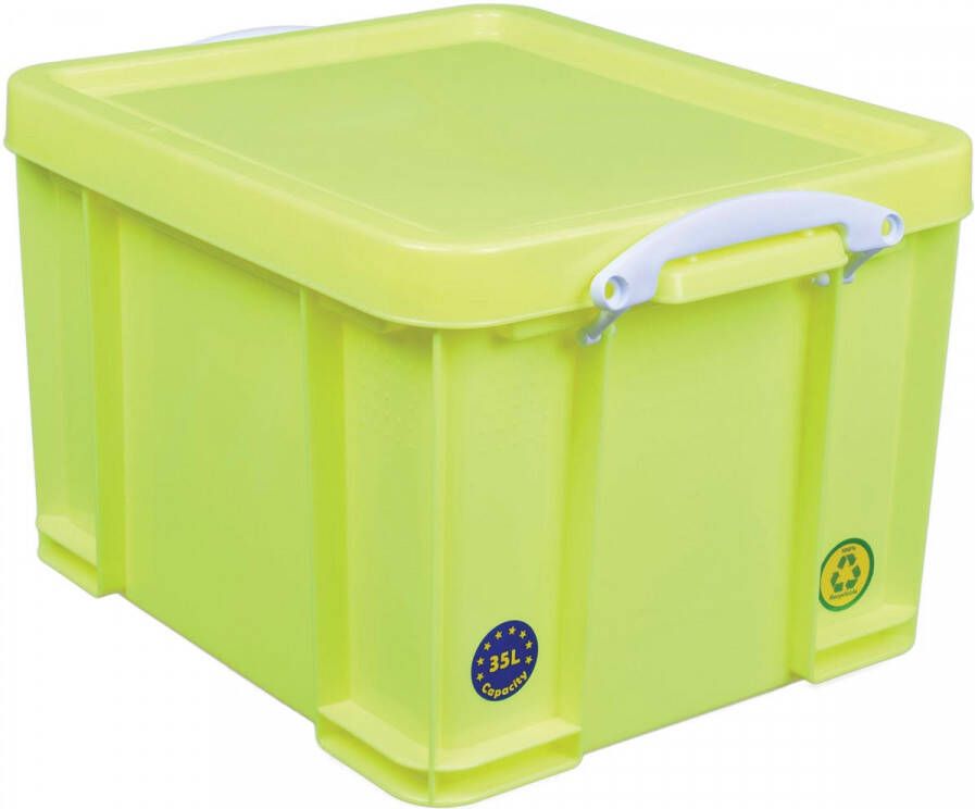 Really Useful Boxes van stevig kunststof | VindiQ Really Useful Box opbergdoos 35 liter neongeel met witte handvaten