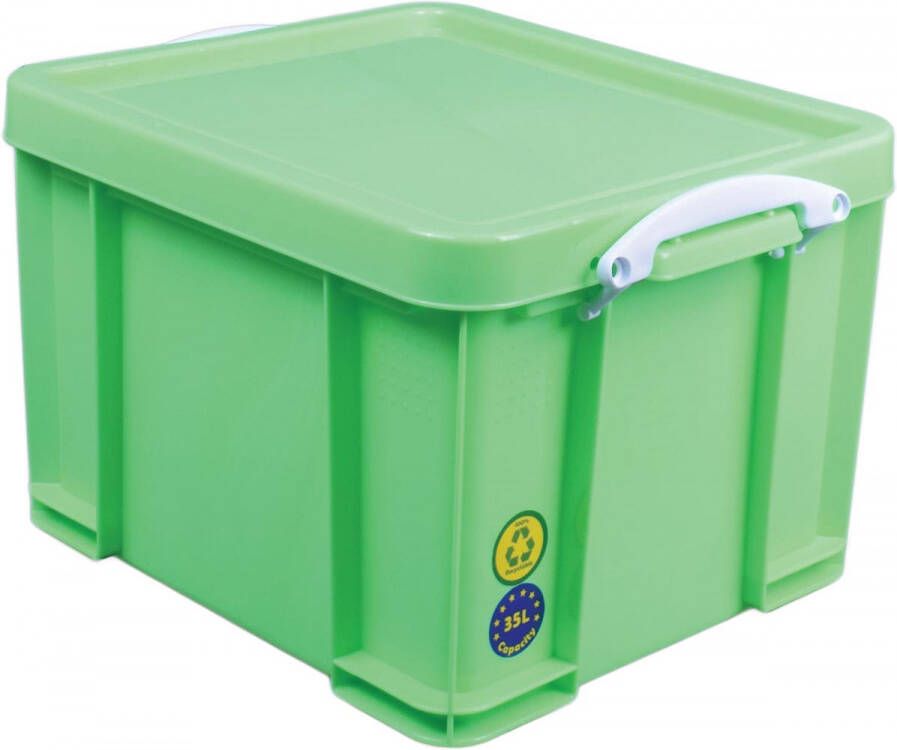 Really Useful Boxes van stevig kunststof | VindiQ Really Useful Box opbergdoos 35 liter neongroen met witte handvaten