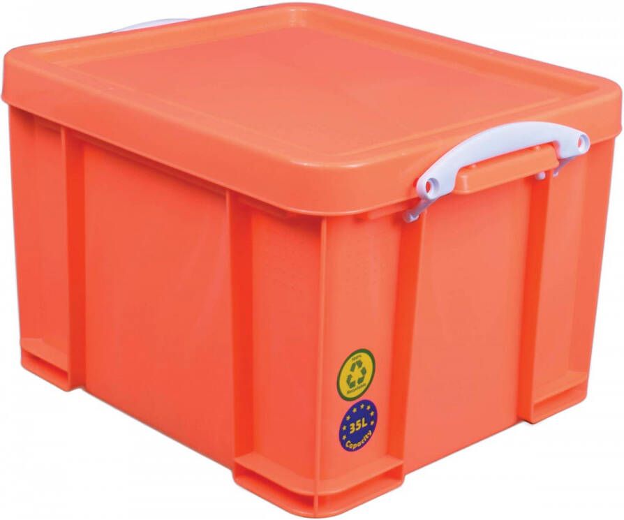 Really Useful Boxes van stevig kunststof | VindiQ Really Useful Box opbergdoos 35 liter neonoranje met witte handvaten