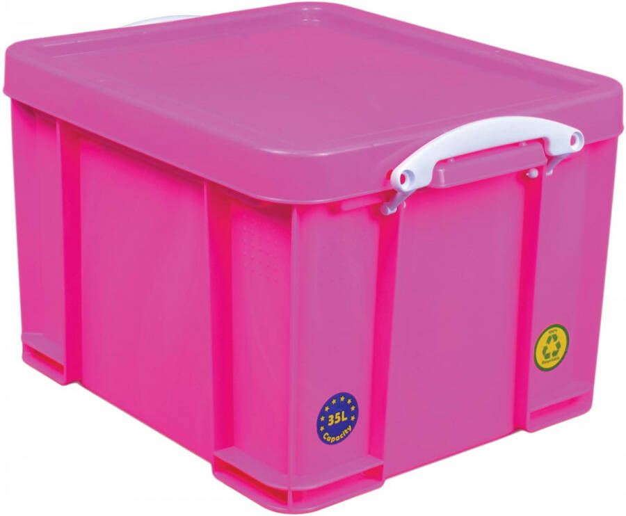 Really Useful Boxes van stevig kunststof | VindiQ Really Useful Box opbergdoos 35 liter neonroze met witte handvaten