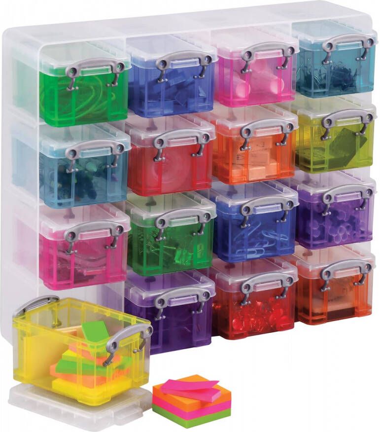 Really Useful Boxes van stevig kunststof | VindiQ Really Useful Box transparante muurkubus met 16 gekleurde opbergdozen van 0 14 liter