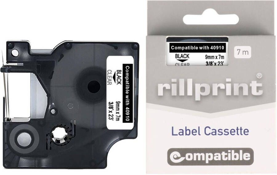 Rillprint compatible D1 tape voor Dymo 40910 9 mm zwart op transparant