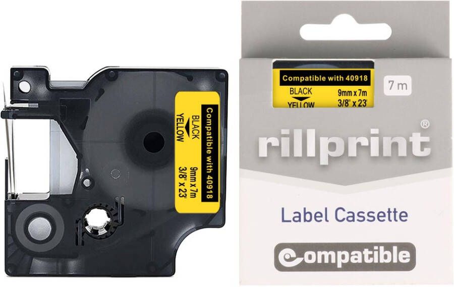 Rillprint compatible D1 tape voor Dymo 40918 9 mm zwart op geel