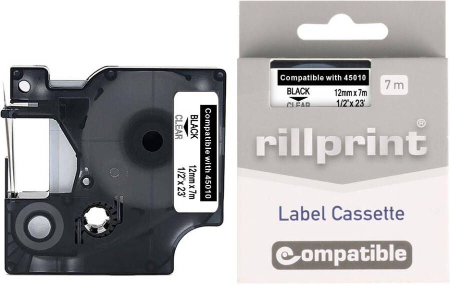 Rillprint compatible D1 tape voor Dymo 45010 12 mm zwart op transparant
