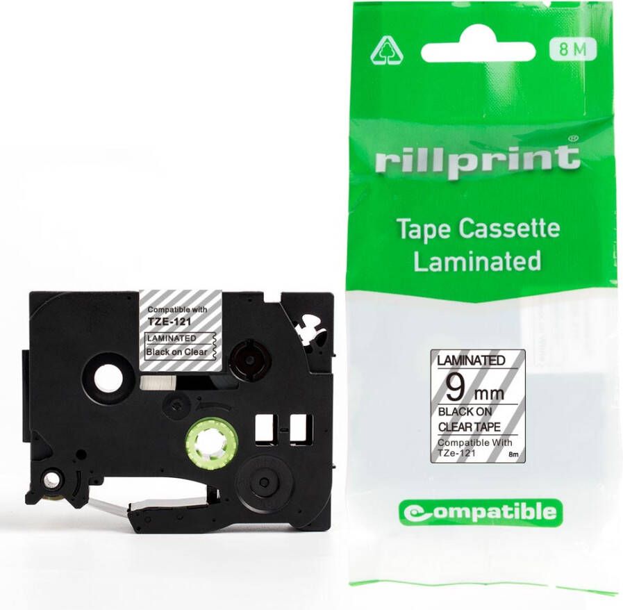 Rillprint compatible TZe tape voor Brother TZe-121 9 mm zwart op transparant