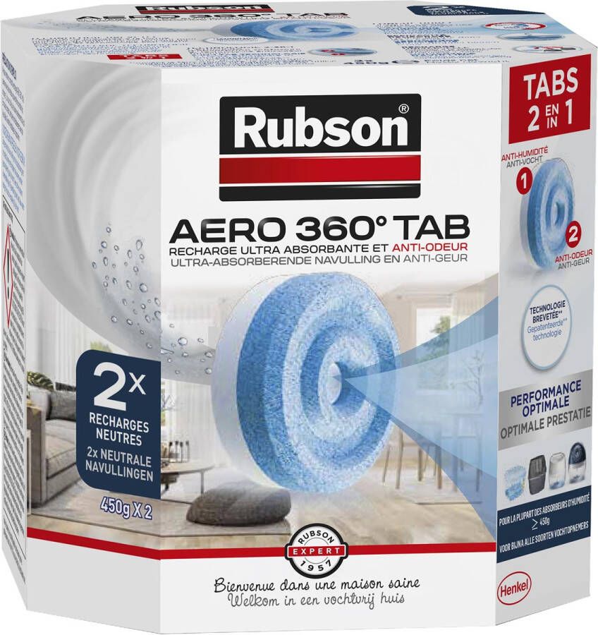 Rubson navulling voor ontvochtiger AERO 360 doos van 2 tabs van 450 gram neutraal