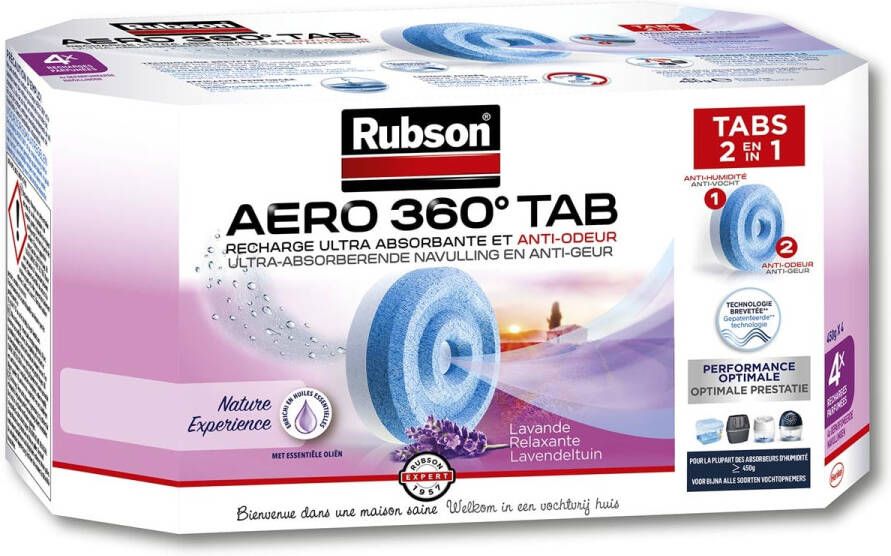 Rubson navulling voor ontvochtiger AERO 360 doos van 4 tabs van 450 gram lavendel