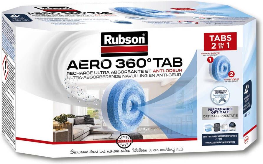 Rubson navulling voor ontvochtiger AERO 360 doos van 4 tabs van 450 gram neutraal