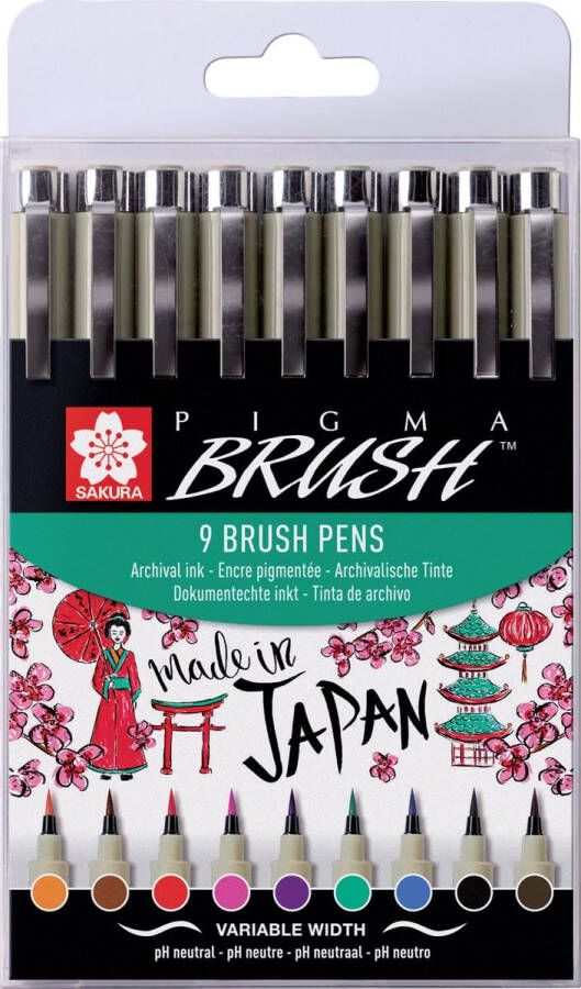 Sakura brushpen Pigma Brush etui van 9 stuks in geassorteerde kleuren