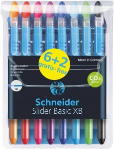 Schneider Balpen Slider Basic XB etui van 8 stuks(6+2 gratis)in geassorteerde kleuren
