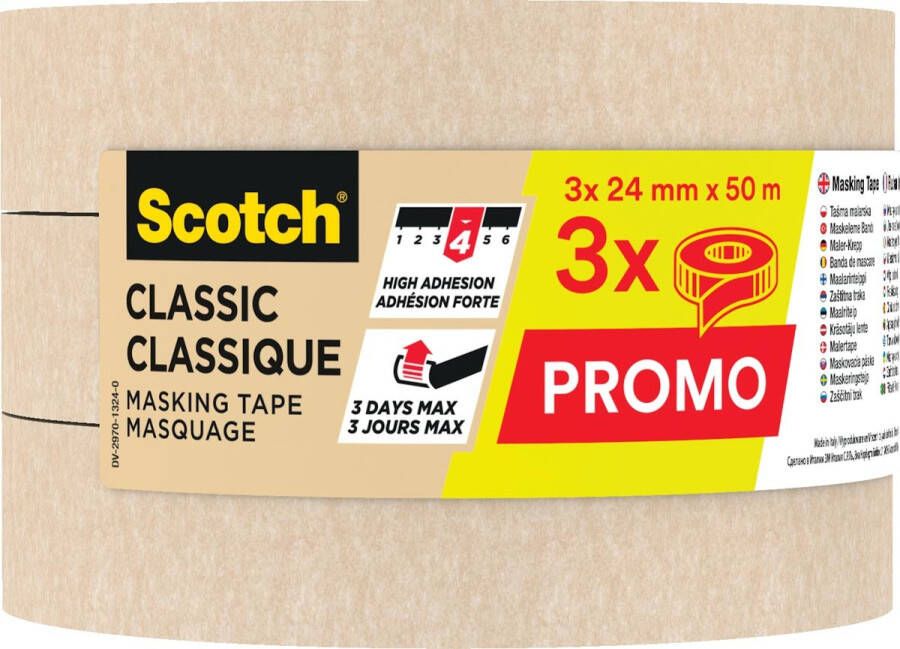 Scotch classic afplaktape ft 24 mm x 50 m pak van 3 stuks