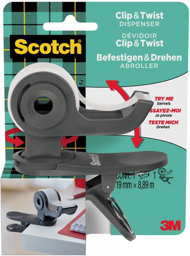 Scotch clip & twist plakbandafroller inclusief 1 rol Magic tape houtskool grijs
