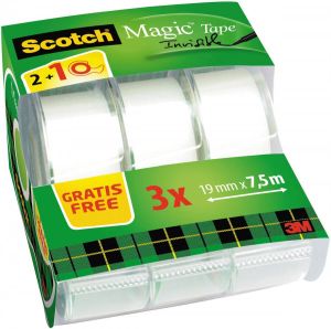 Scotch Magic onzichtbaar plakband 2 rollen 19 mm x 7 5 m + 1 Gratis plakbandhouder