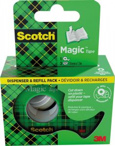 Scotch Magic Tape plakband ft 19 mm x 7 5 m dispenser + 3 rolletjes ophangbaar doosje
