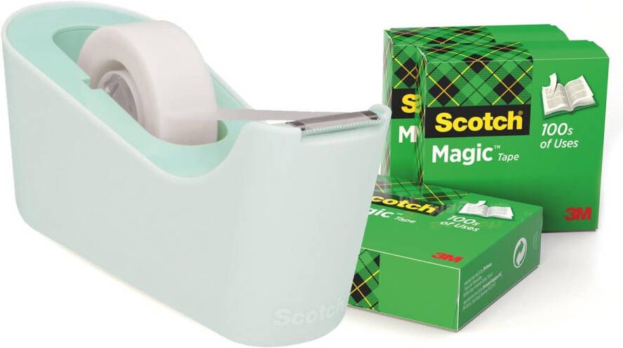 Scotch verzwaarde plakbandafroller inclusief 4 rollen magic tape muntgroen