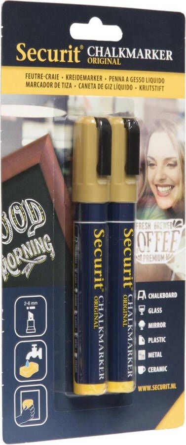 Securit krijtmarker medium blister van 2 stuks goud
