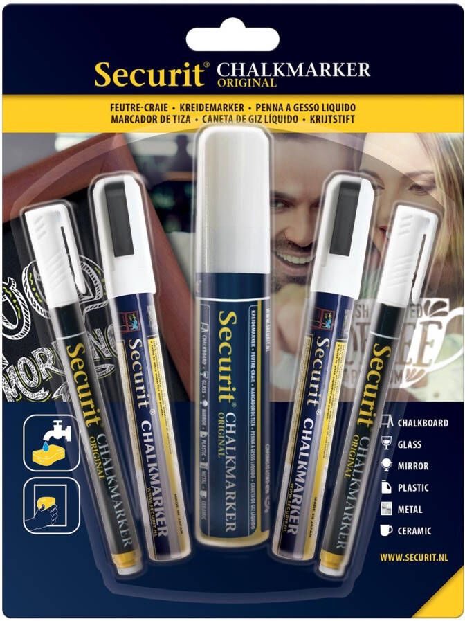 Securit krijtmarker wit etui met 5 stuks in geassorteerde diktes