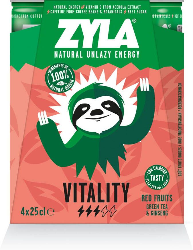Spa Zyla energiedrank Vitality rode vruchten blik van 25 cl pak van 4 stuks