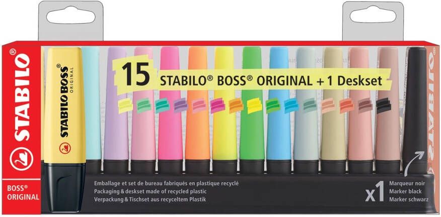 Stabilo BOSS markeerstift pastel en natuur geassorteerde kleuren met zwart deskset van 15 stuks